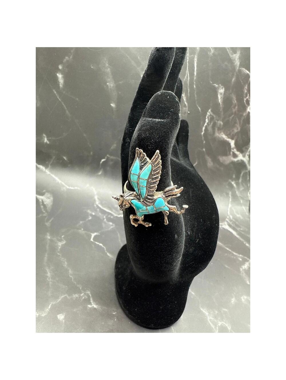 Vintage Alaricorn Winged Unicorn Pegasus Turquoise Ring 925 Sterling Silver Sz 8